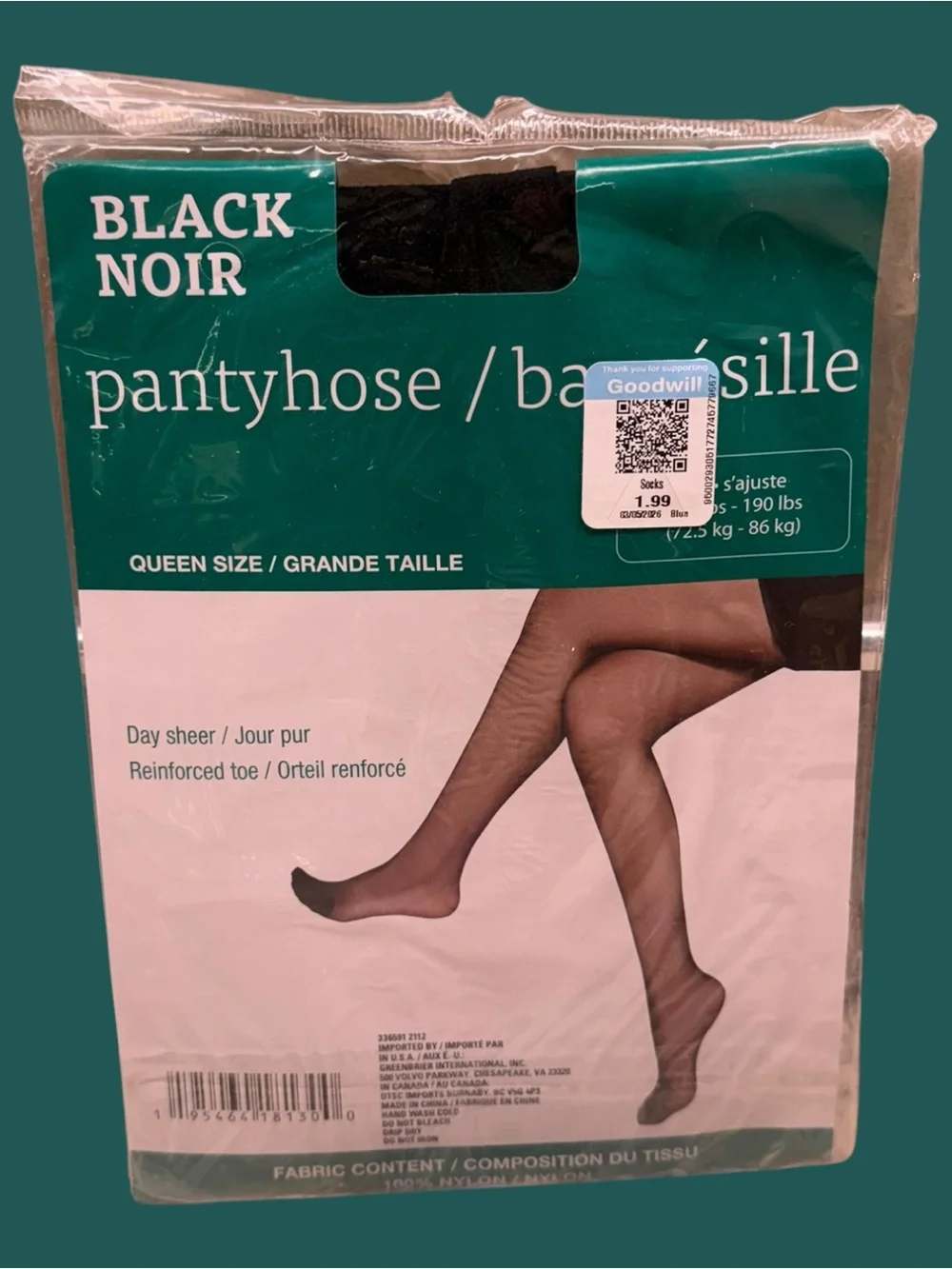 Juncture Queen Size Day Sheer Pantyhose Reinforced Toe 160-190lbs Black